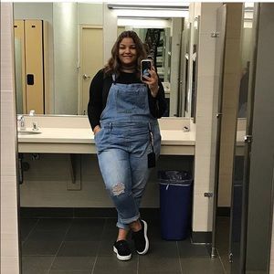 Denim distressed overalls